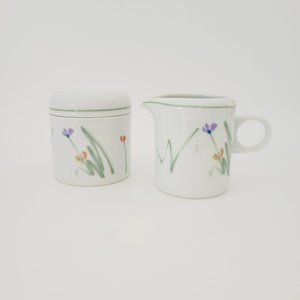 Mikasa Sketch Book Creamer & Sugar Bowl Long Stem Wild Flower, Japan c.1980s